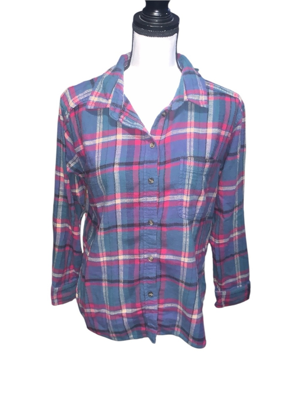 American Eagle Boyfriend Fit Plaid Button Down Shirt Blue Green Red Small